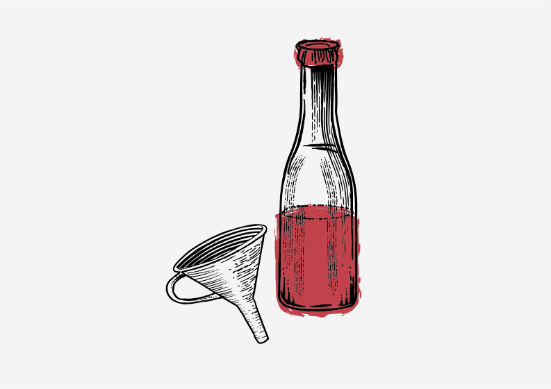 a drawing of a bottle of tongue in peat smoked tomato juice next to a funnel