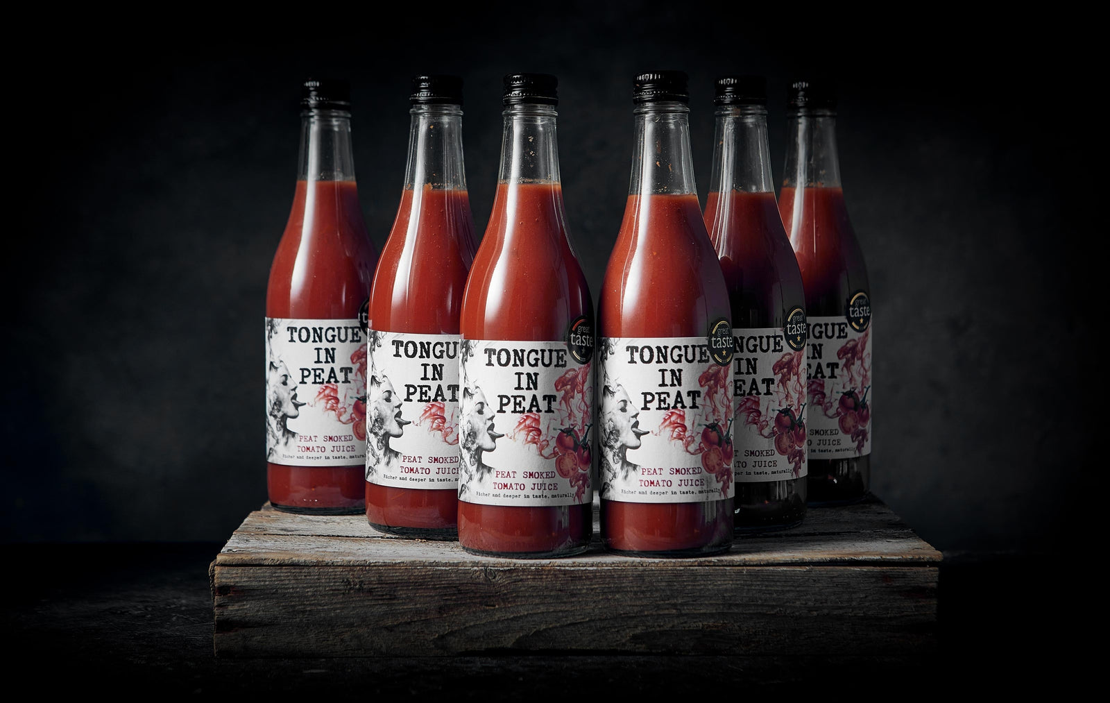 Six-pack of Tongue in Peat peat-smoked tomato juice