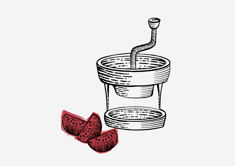 Drawing of cut tomato and a blender/grinder for it