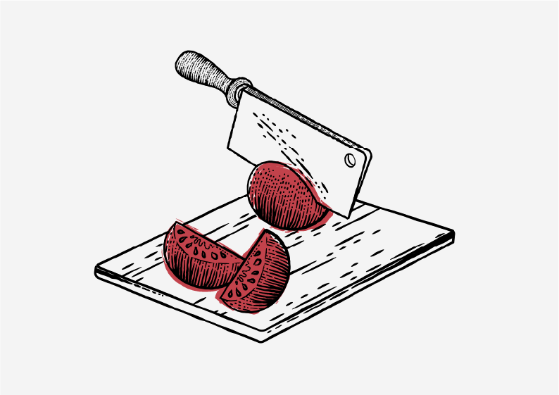 drawing of a chef's knife slicing tomatoes on a cutting board