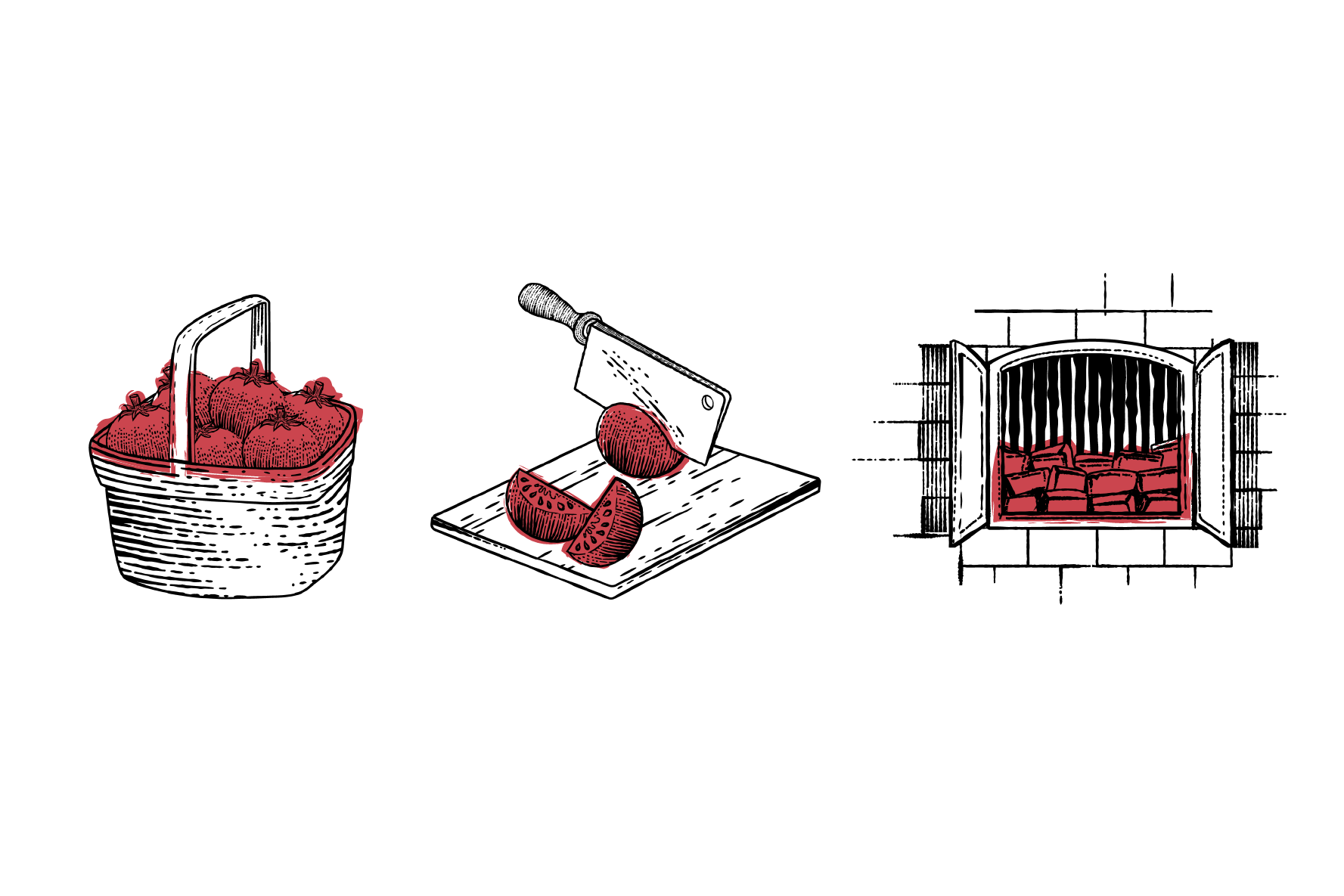 drawings of: 1. basket of tomatoes; 2. Knife slicing tomatoes on cutting board; 3. Chimney smoker full of wood