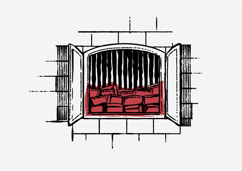 a drawing of a chimney smoker full of wood bricks with open doors